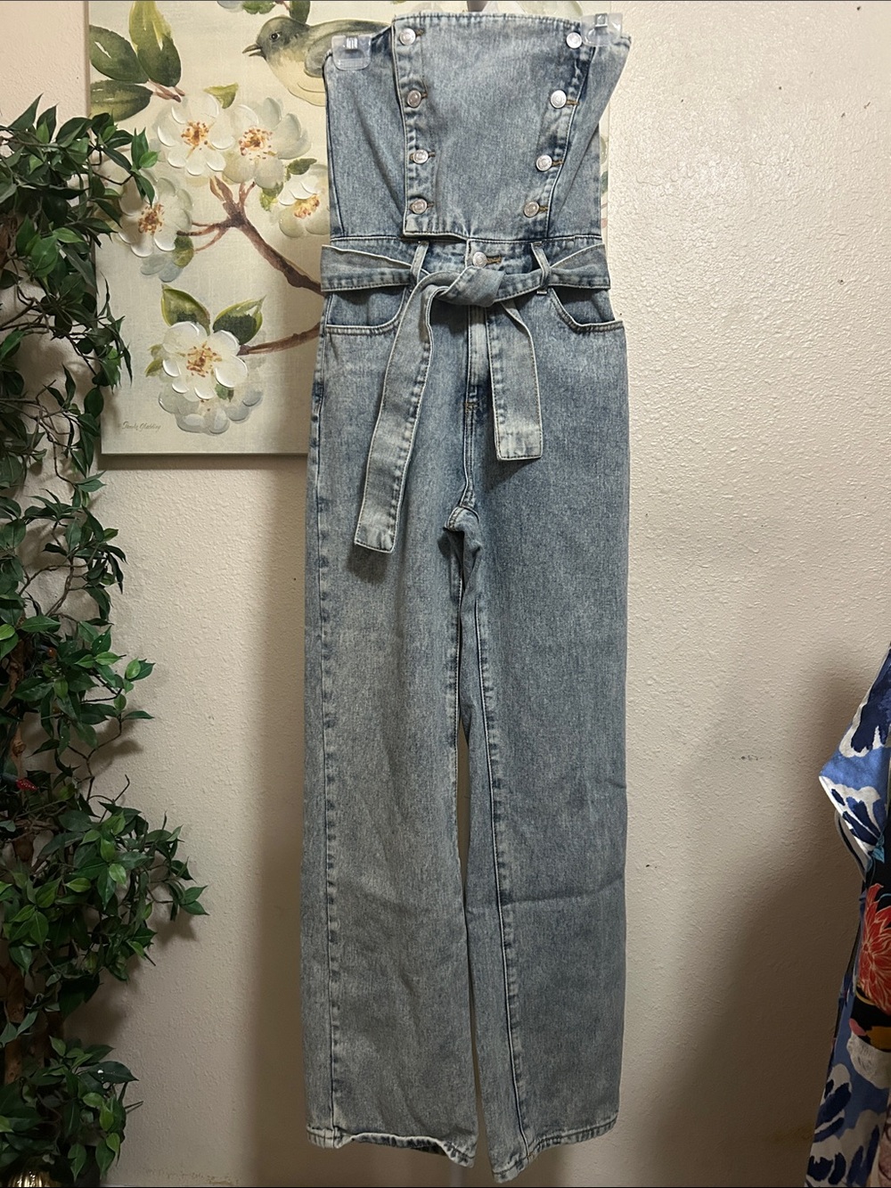 Forever 21 Light Blue Denim Strapless Overalls with Waist Tie